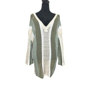 POL V-neck Knit Striped Oversized Sweater Green Cream Women's Small Boho Crochet
